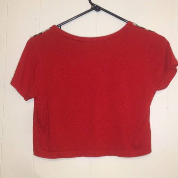 Red Cropped Tee with Checkerboard Detail - Picture 2 of 4